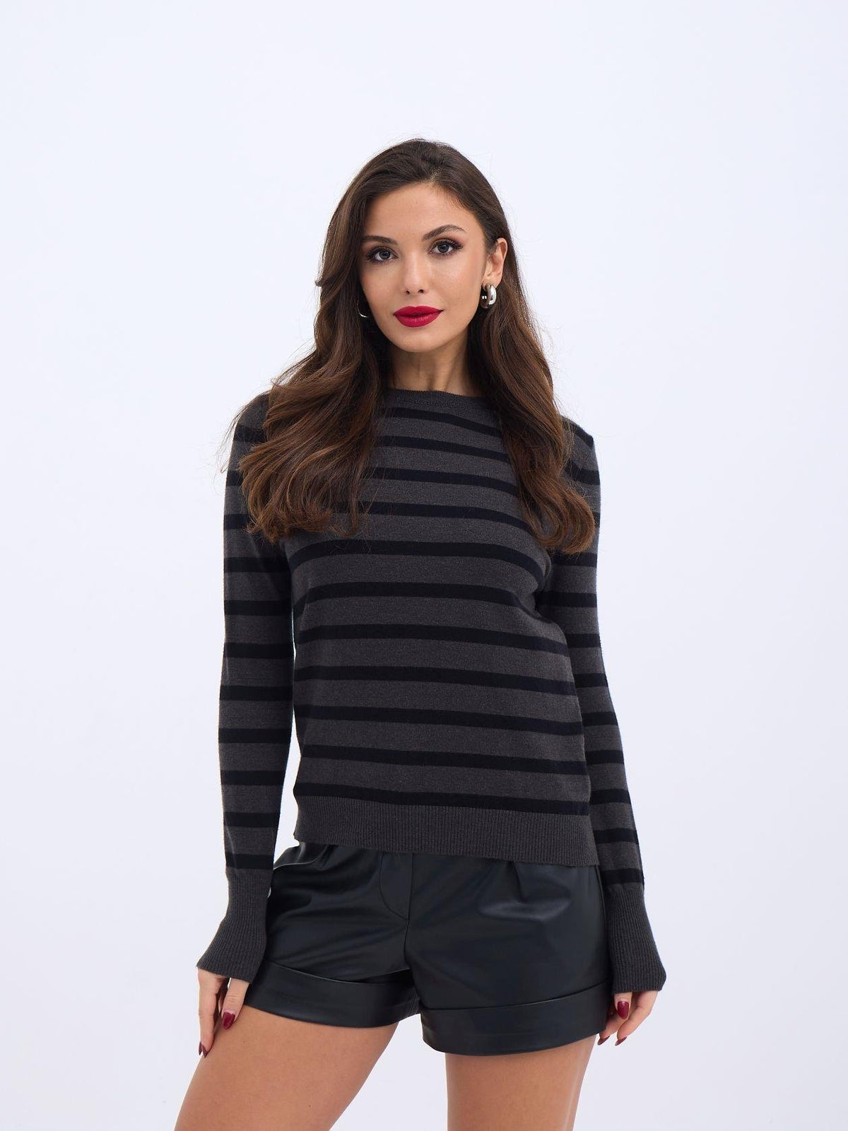 42271 STRICKWAREN GESTREIFTES SCHLAG-PULLOVER-ANTHRAZIT-SCHWARZ