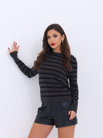 42271 STRICKWAREN GESTREIFTES SCHLAG-PULLOVER-ANTHRAZIT-SCHWARZ