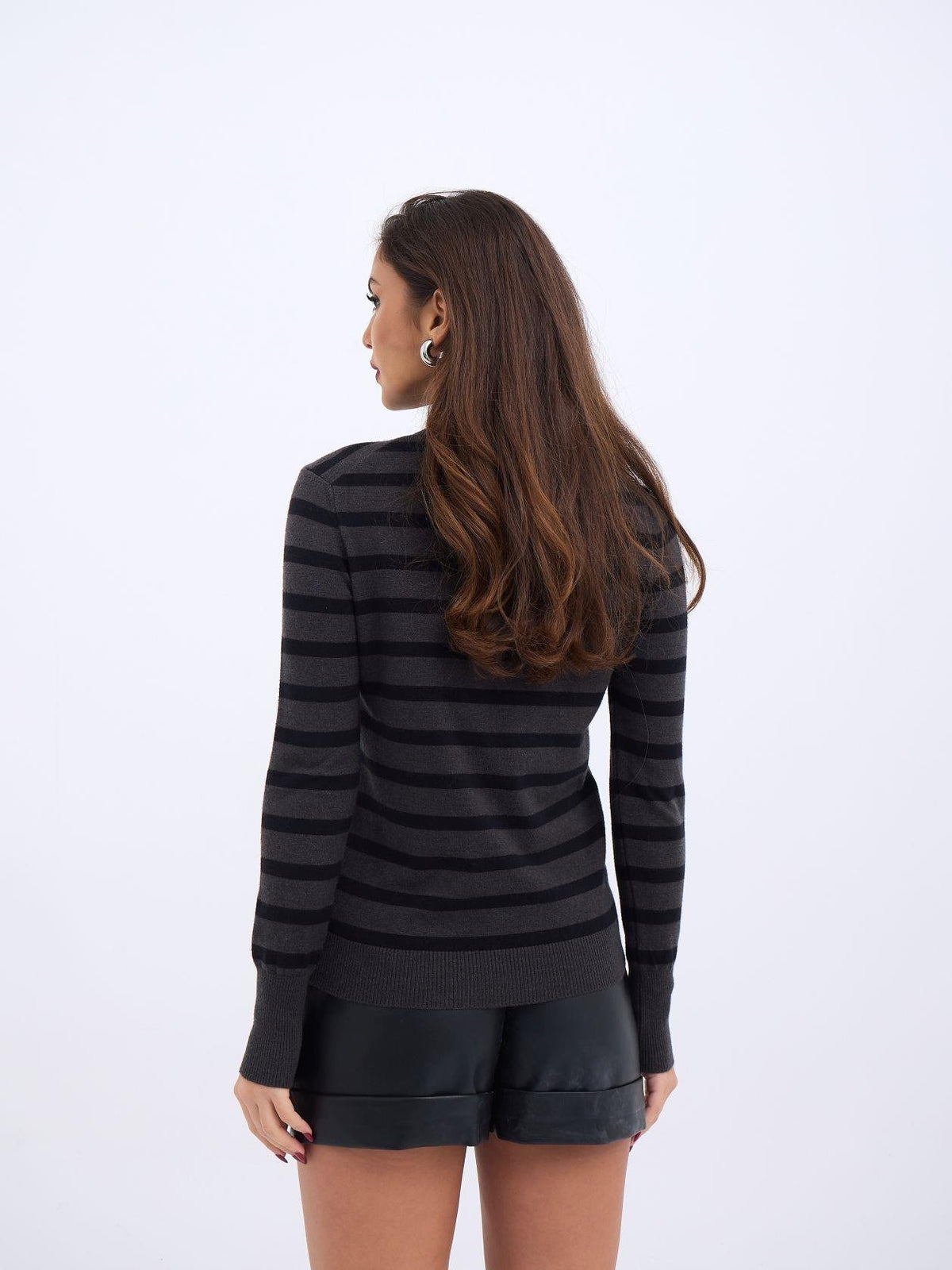 42271 STRICKWAREN GESTREIFTES SCHLAG-PULLOVER-ANTHRAZIT-SCHWARZ
