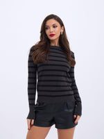 42271 STRICKWAREN GESTREIFTES SCHLAG-PULLOVER-ANTHRAZIT-SCHWARZ