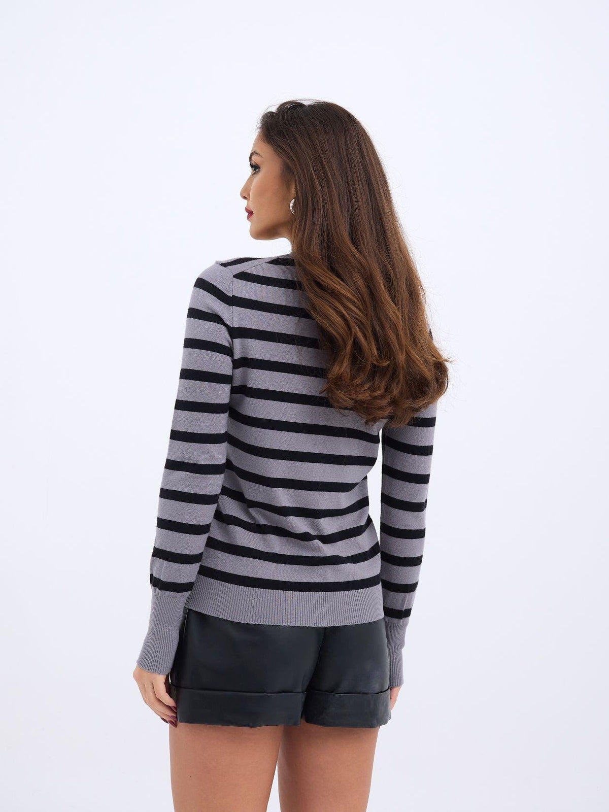 42271 STRICKWAREN GESTREIFTES LOCKERES PULLOVER-GRAU-SCHWARZ