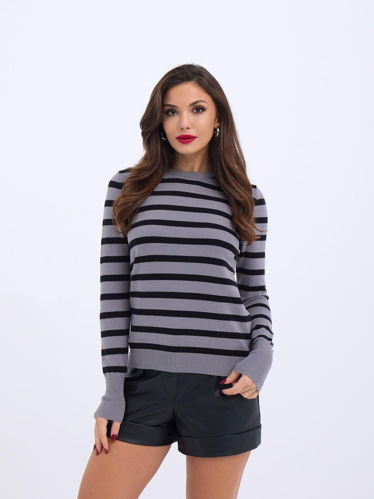 42271 STRICKWAREN GESTREIFTES LOCKERES PULLOVER-GRAU-SCHWARZ