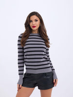 42271 STRICKWAREN GESTREIFTES LOCKERES PULLOVER-GRAU-SCHWARZ