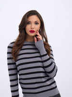 42271 STRICKWAREN GESTREIFTES LOCKERES PULLOVER-GRAU-SCHWARZ