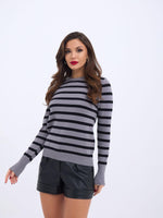 42271 STRICKWAREN GESTREIFTES LOCKERES PULLOVER-GRAU-SCHWARZ