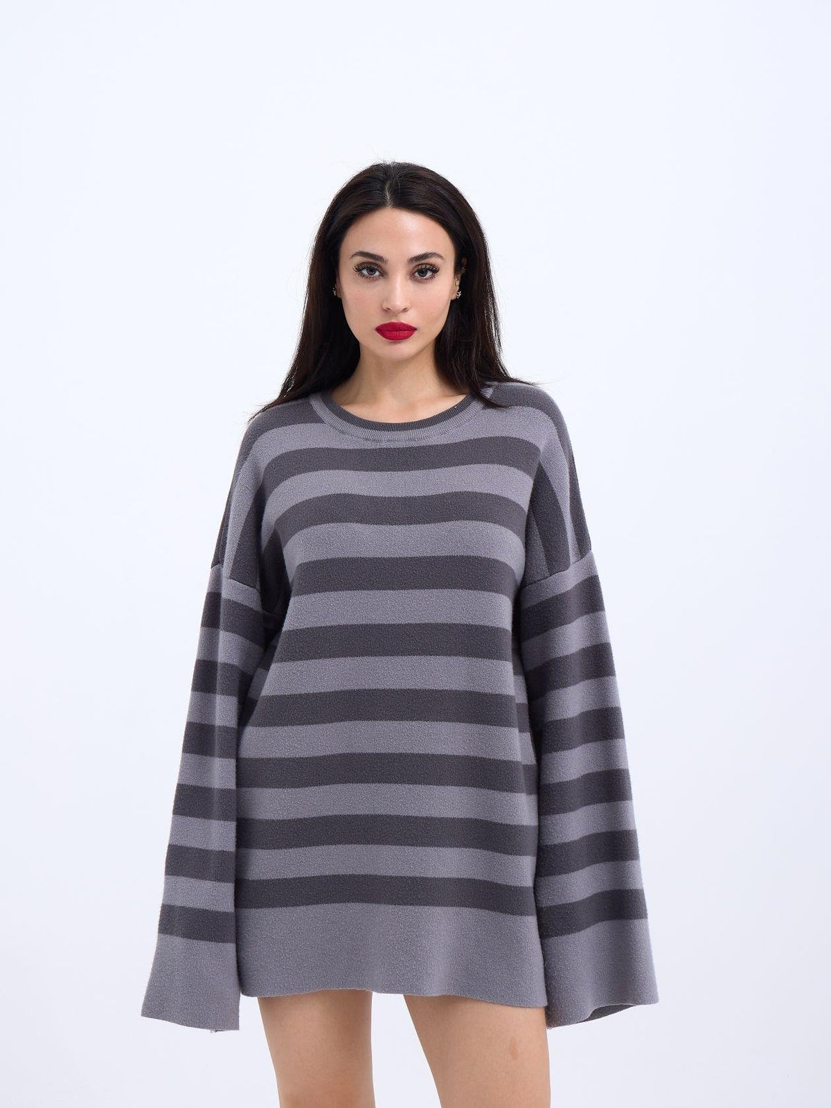 42291 STRICKWAREN GESTREIFTES LOCKERES PULLOVER-GRAU-ANTHRAZIT
