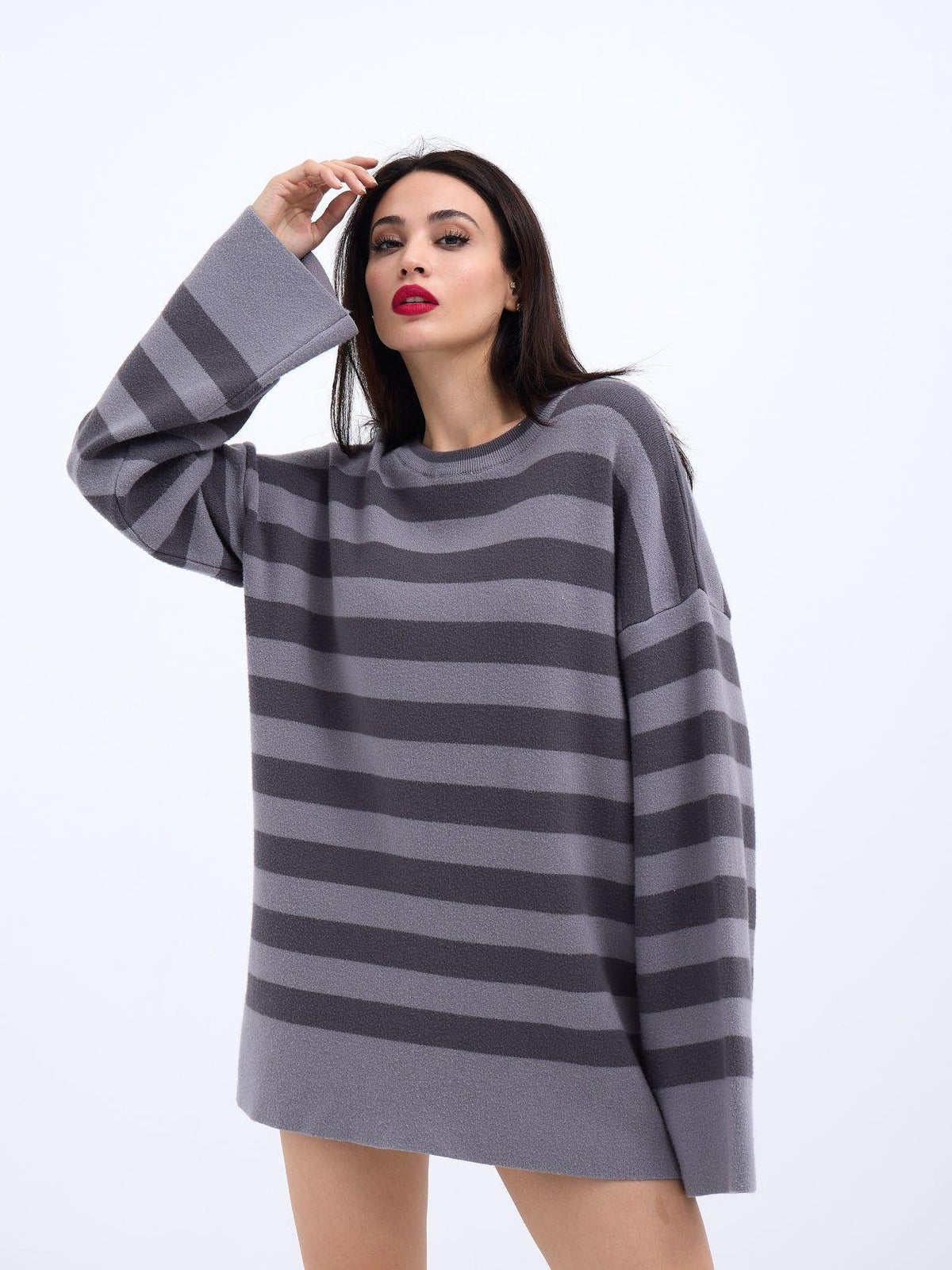 42291 STRICKWAREN GESTREIFTES LOCKERES PULLOVER-GRAU-ANTHRAZIT