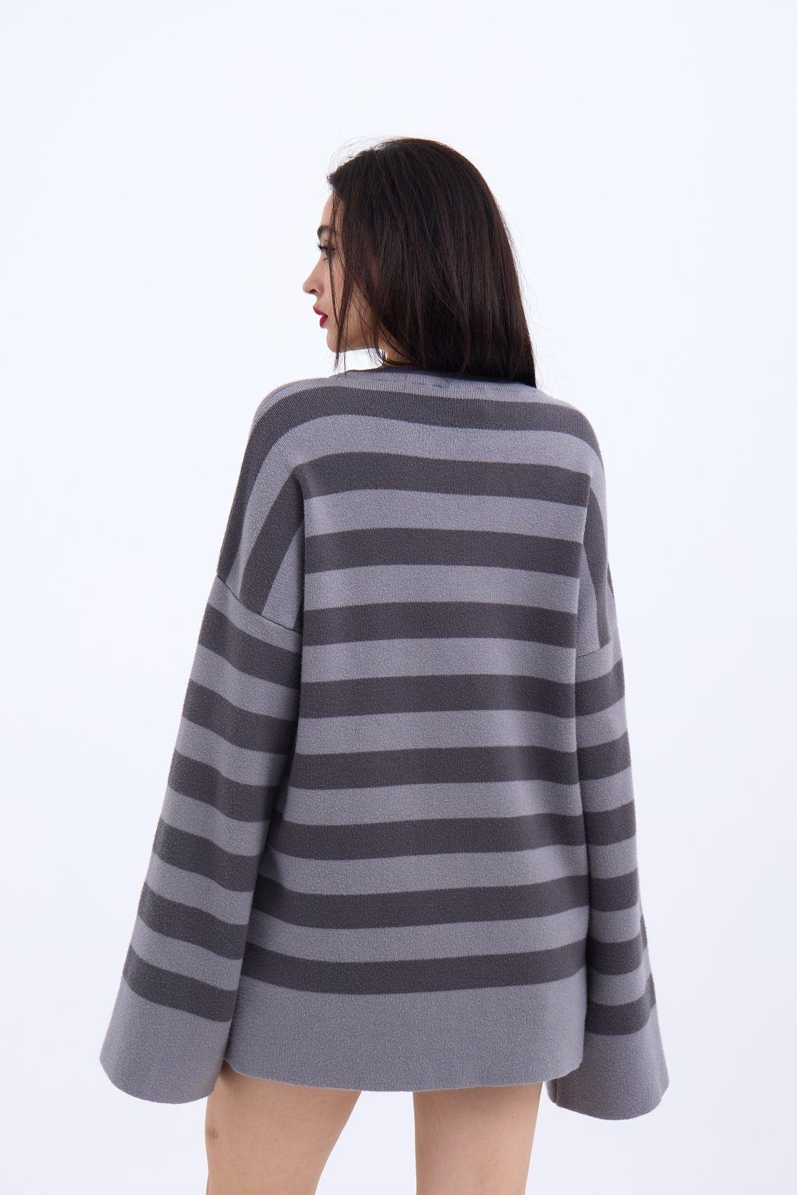 42291 STRICKWAREN GESTREIFTES LOCKERES PULLOVER-GRAU-ANTHRAZIT