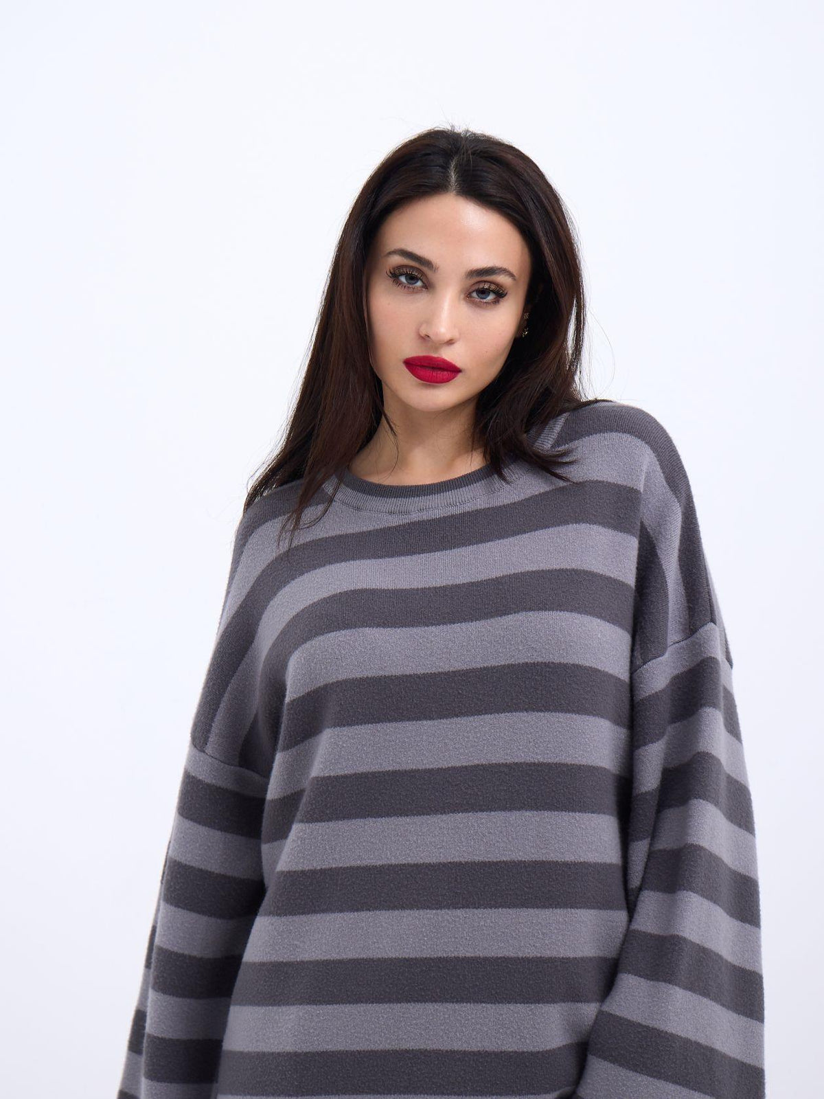 42291 STRICKWAREN GESTREIFTES LOCKERES PULLOVER-GRAU-ANTHRAZIT