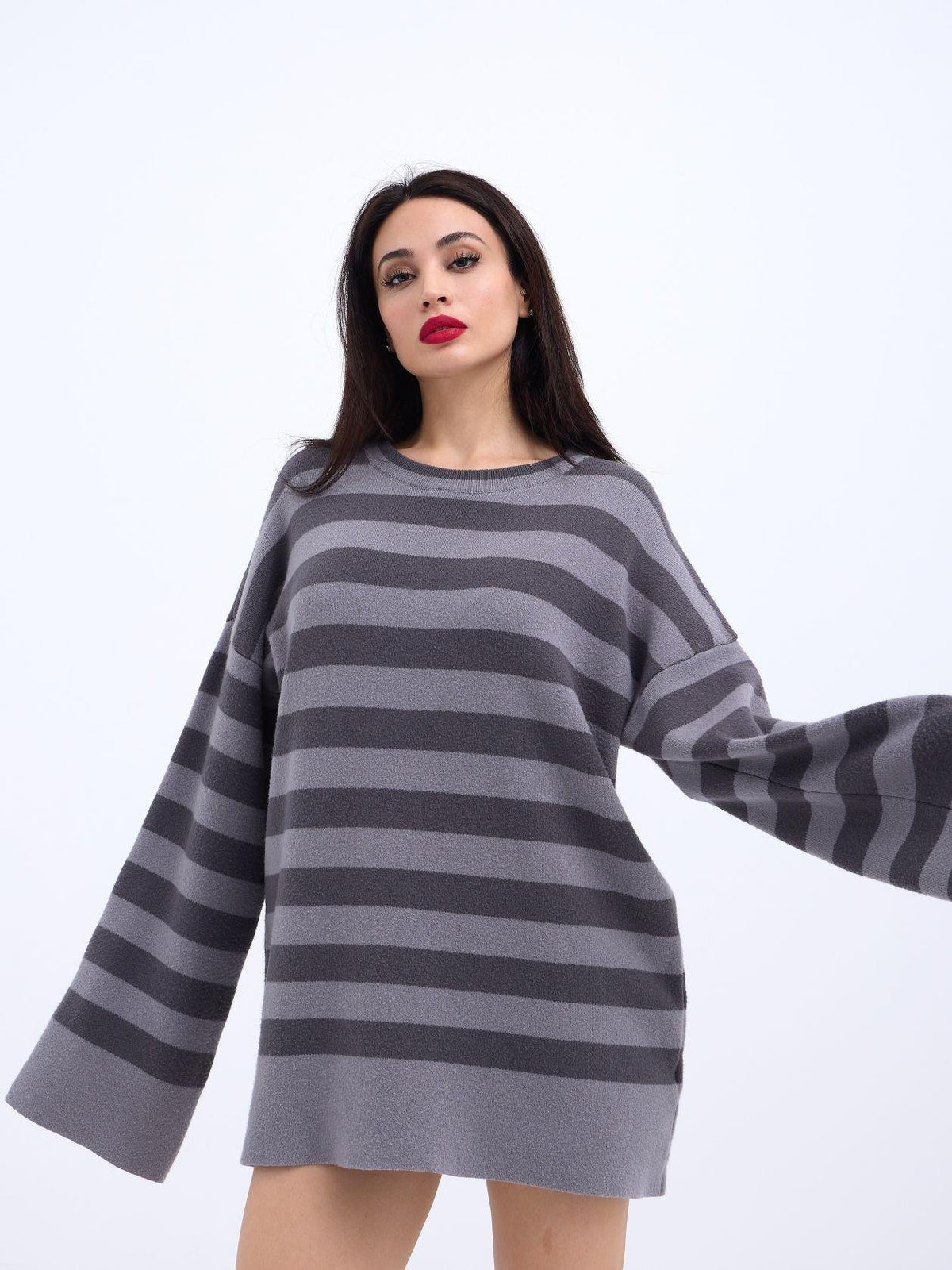 42291 STRICKWAREN GESTREIFTES LOCKERES PULLOVER-GRAU-ANTHRAZIT