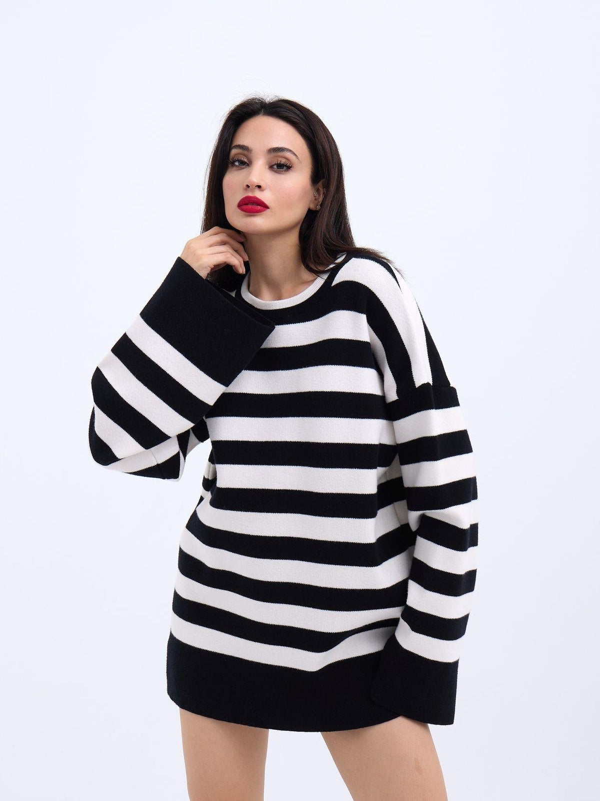 42291 STRICKWAREN GESTREIFTES LOCKERES PULLOVER-SCHWARZ-ECRU