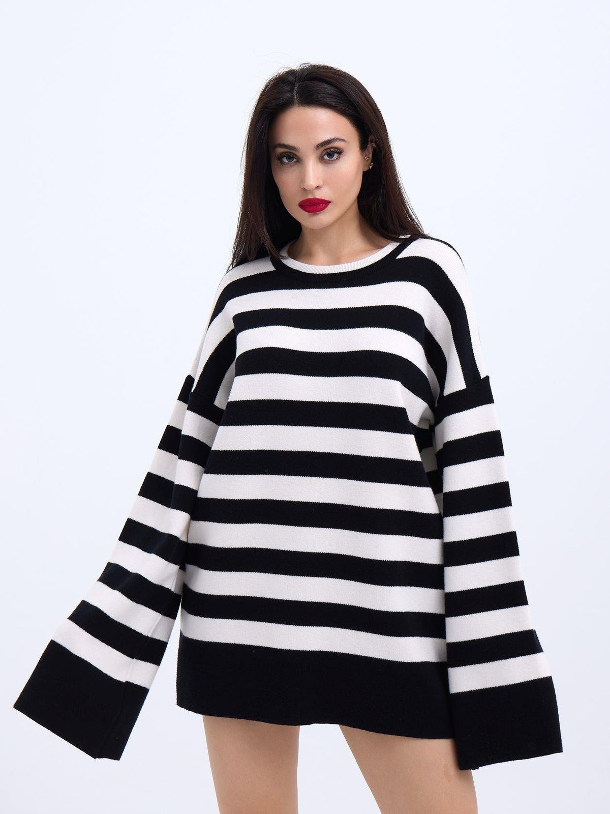 42291 STRICKWAREN GESTREIFTES LOCKERES PULLOVER-SCHWARZ-ECRU