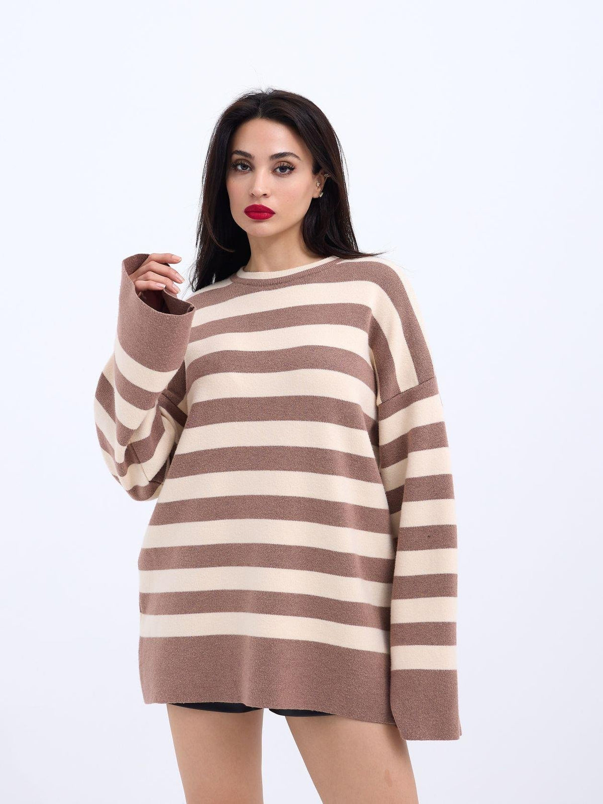 42291 STRICKWAREN GESTREIFTES LOCKERES PULLOVER-NERZ-CREME
