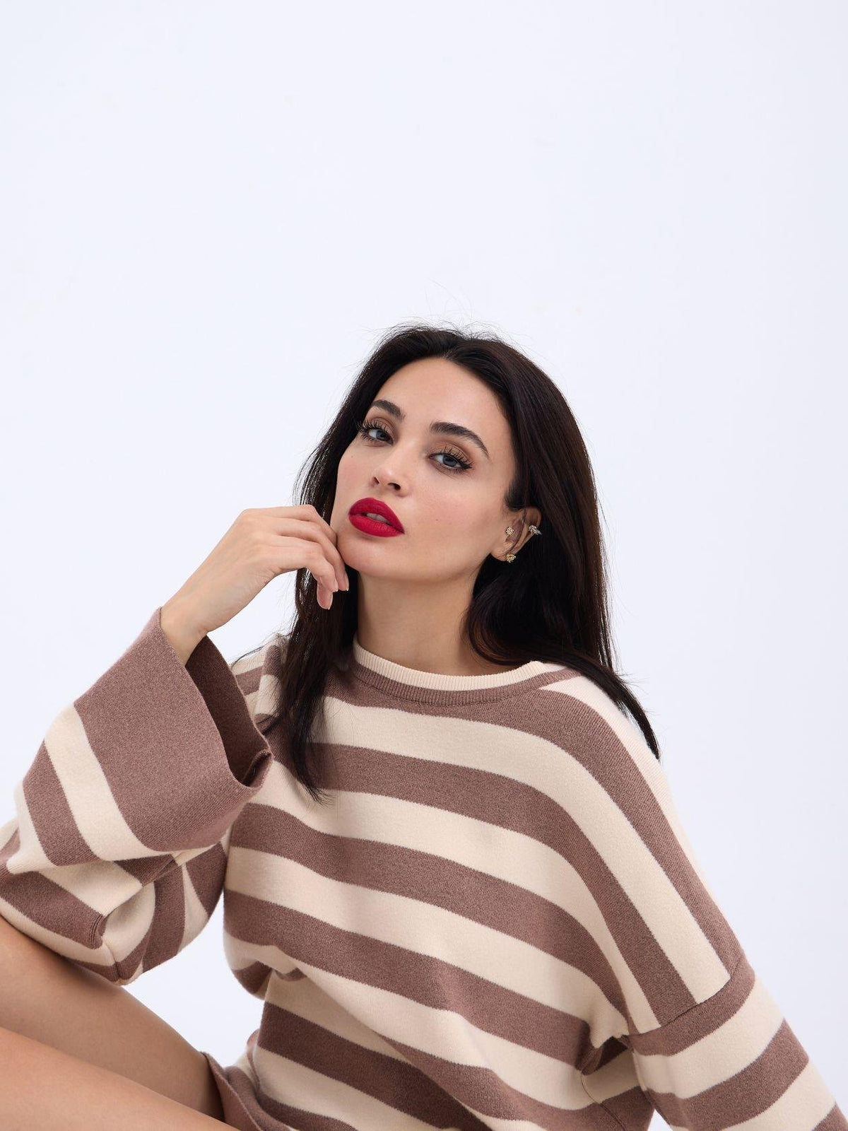 42291 STRICKWAREN GESTREIFTES LOCKERES PULLOVER-NERZ-CREME