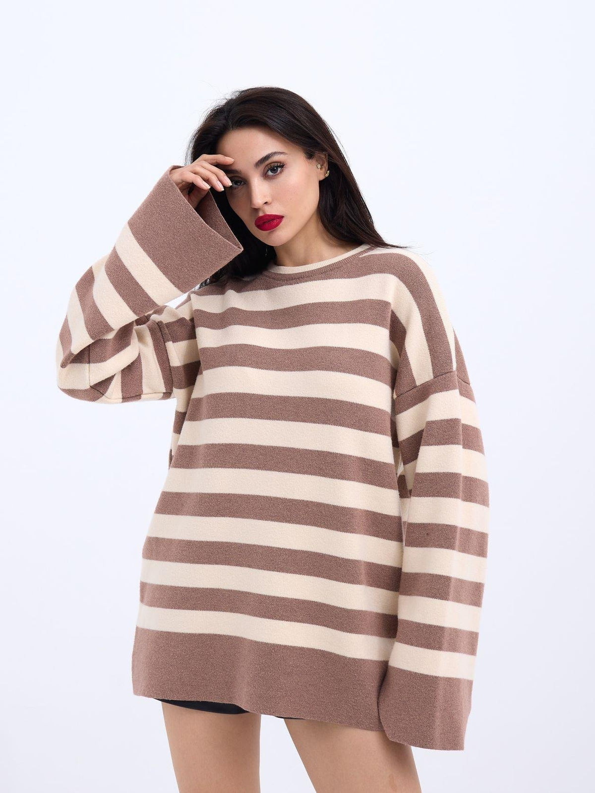 42291 STRICKWAREN GESTREIFTES LOCKERES PULLOVER-NERZ-CREME