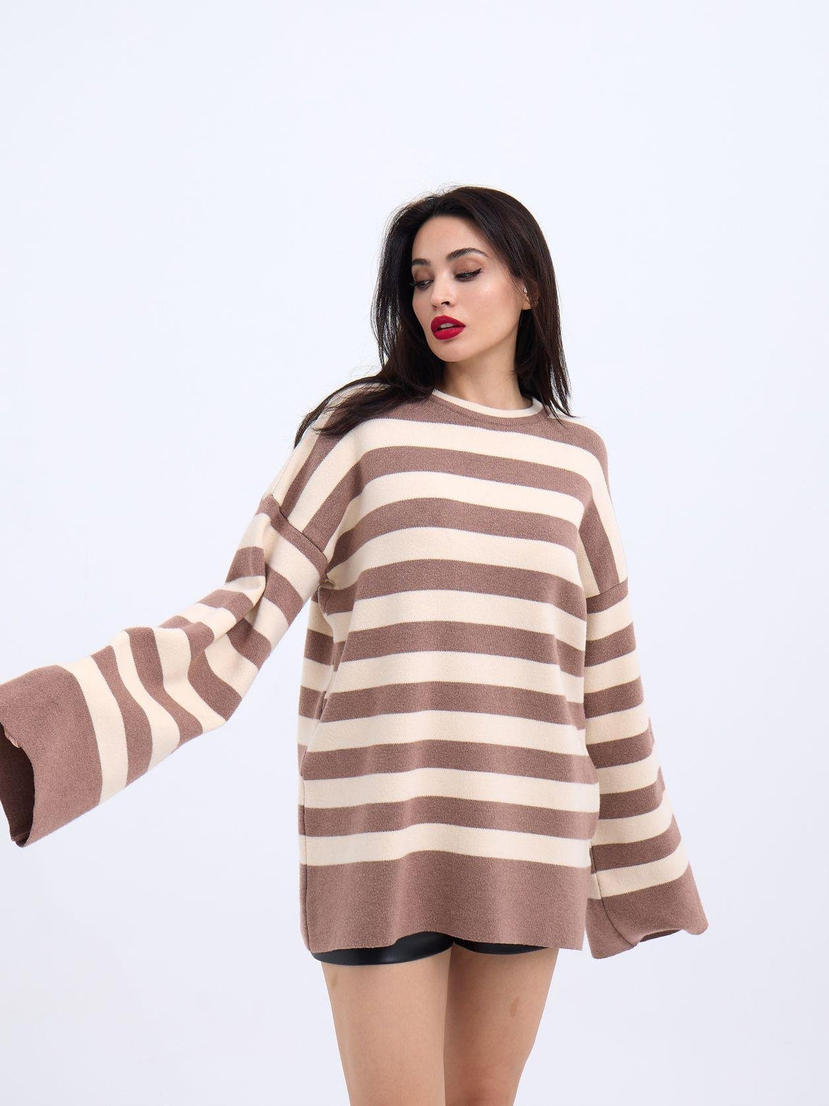 42291 STRICKWAREN GESTREIFTES LOCKERES PULLOVER-NERZ-CREME
