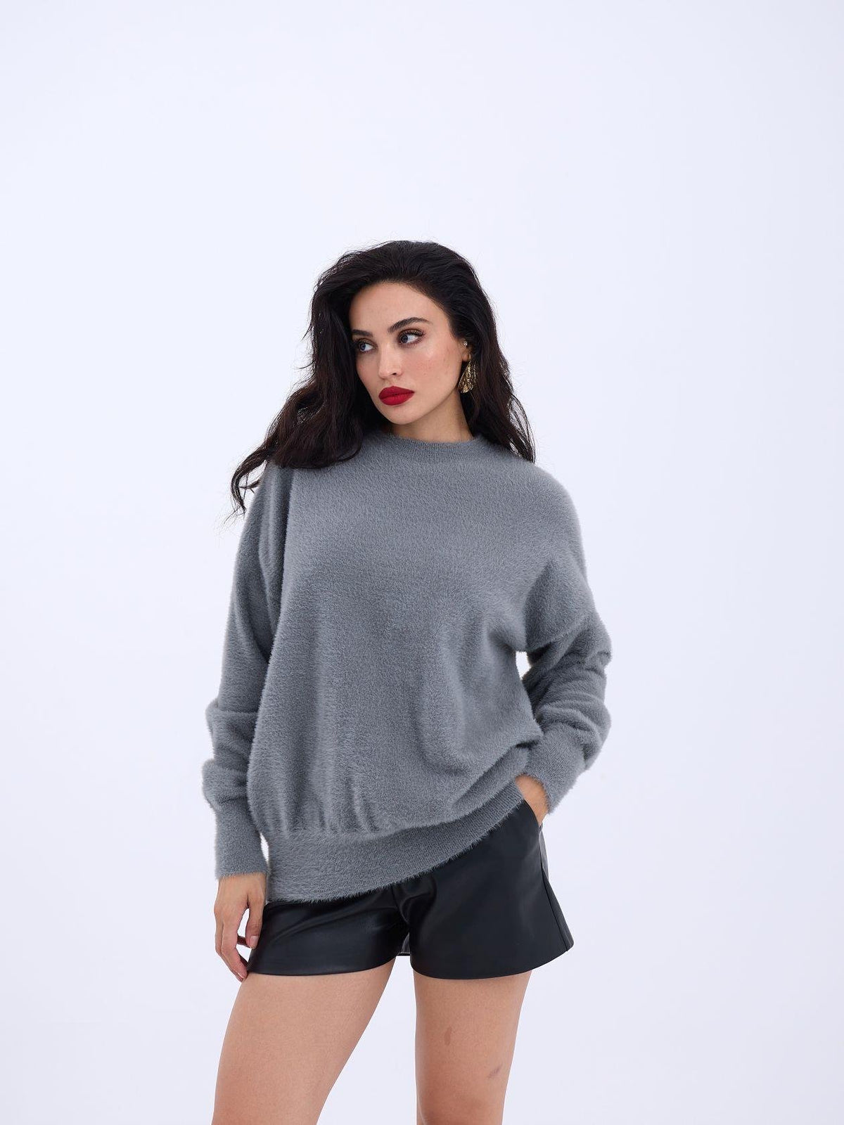 42331 STRICKWAREN RUNDHALSKRAGEN LOCKERER PULLOVER-GRAU
