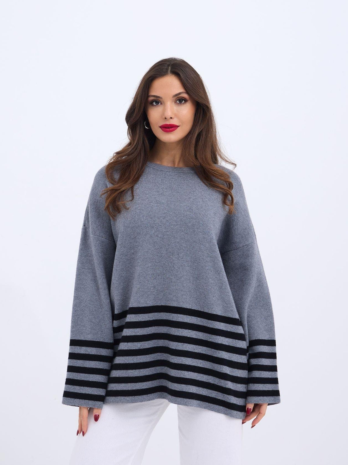 42381 STRICKPULLOVER MIT GESTREIFTEM RAND-ANTHRAZIT-SCHWARZ
