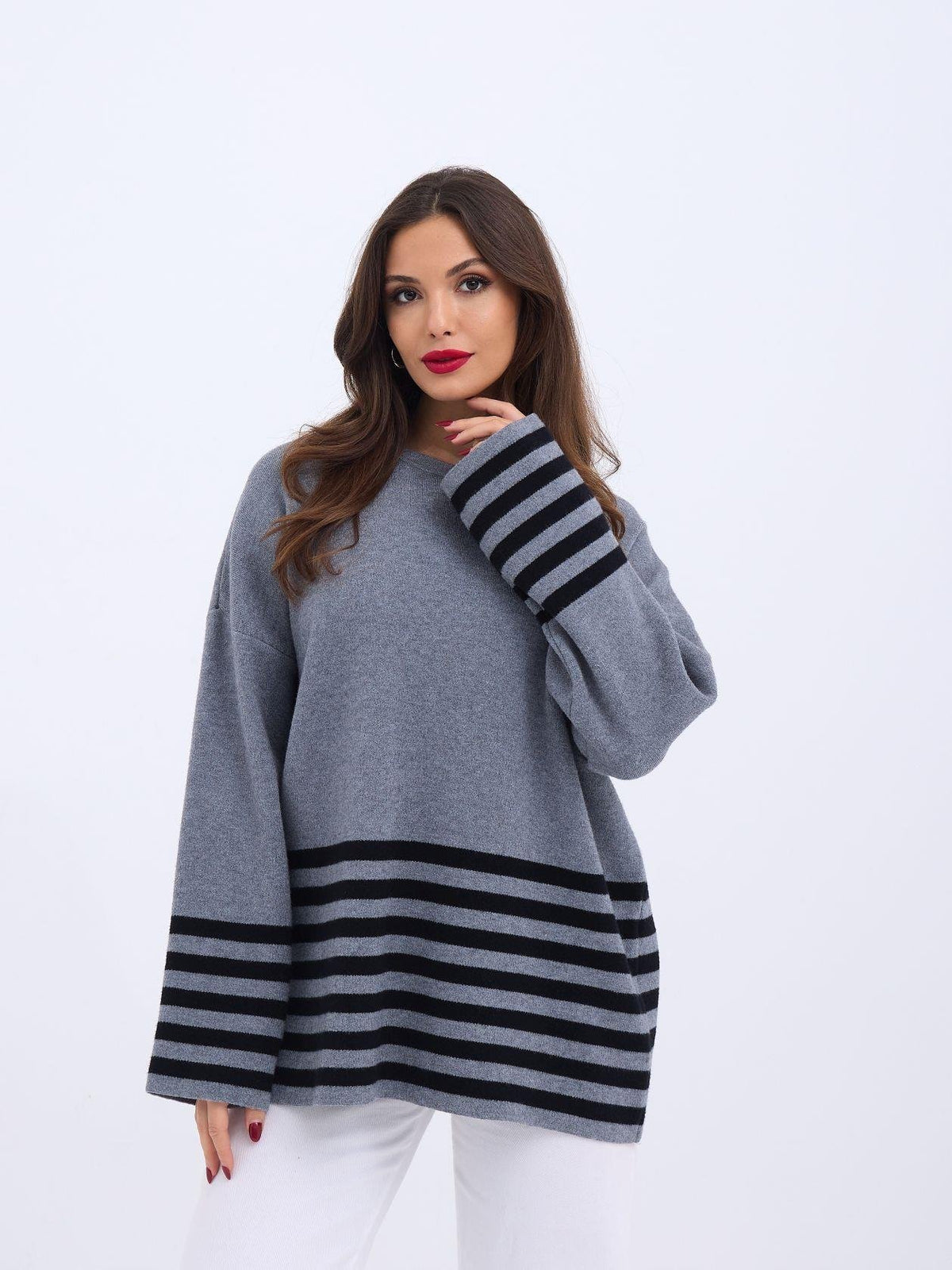 42381 STRICKPULLOVER MIT GESTREIFTEM RAND-ANTHRAZIT-SCHWARZ