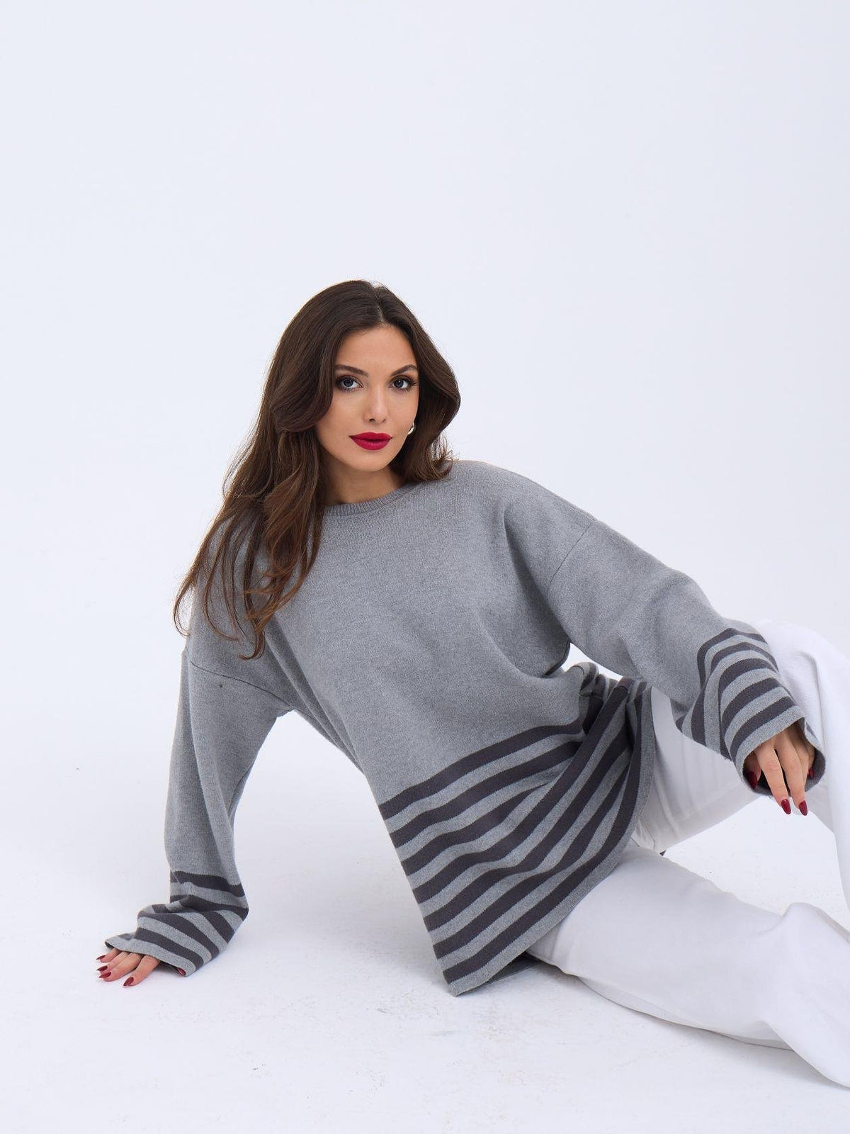 42381 STRICKPULLOVER MIT STREIFEN - GRAU-ANTHRAZIT