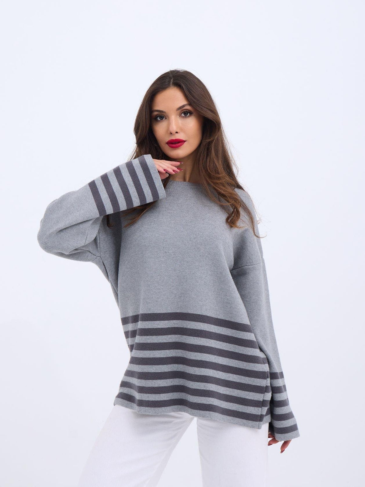 42381 STRICKPULLOVER MIT STREIFEN - GRAU-ANTHRAZIT