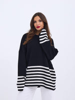 42381 STRICKPULLOVER MIT GESTREIFTEN ÄRMELN - SCHWARZ-ECRU