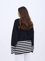 42381 STRICKPULLOVER MIT GESTREIFTEN ÄRMELN - SCHWARZ-ECRU