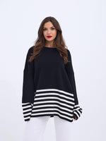 42381 STRICKPULLOVER MIT GESTREIFTEN ÄRMELN - SCHWARZ-ECRU