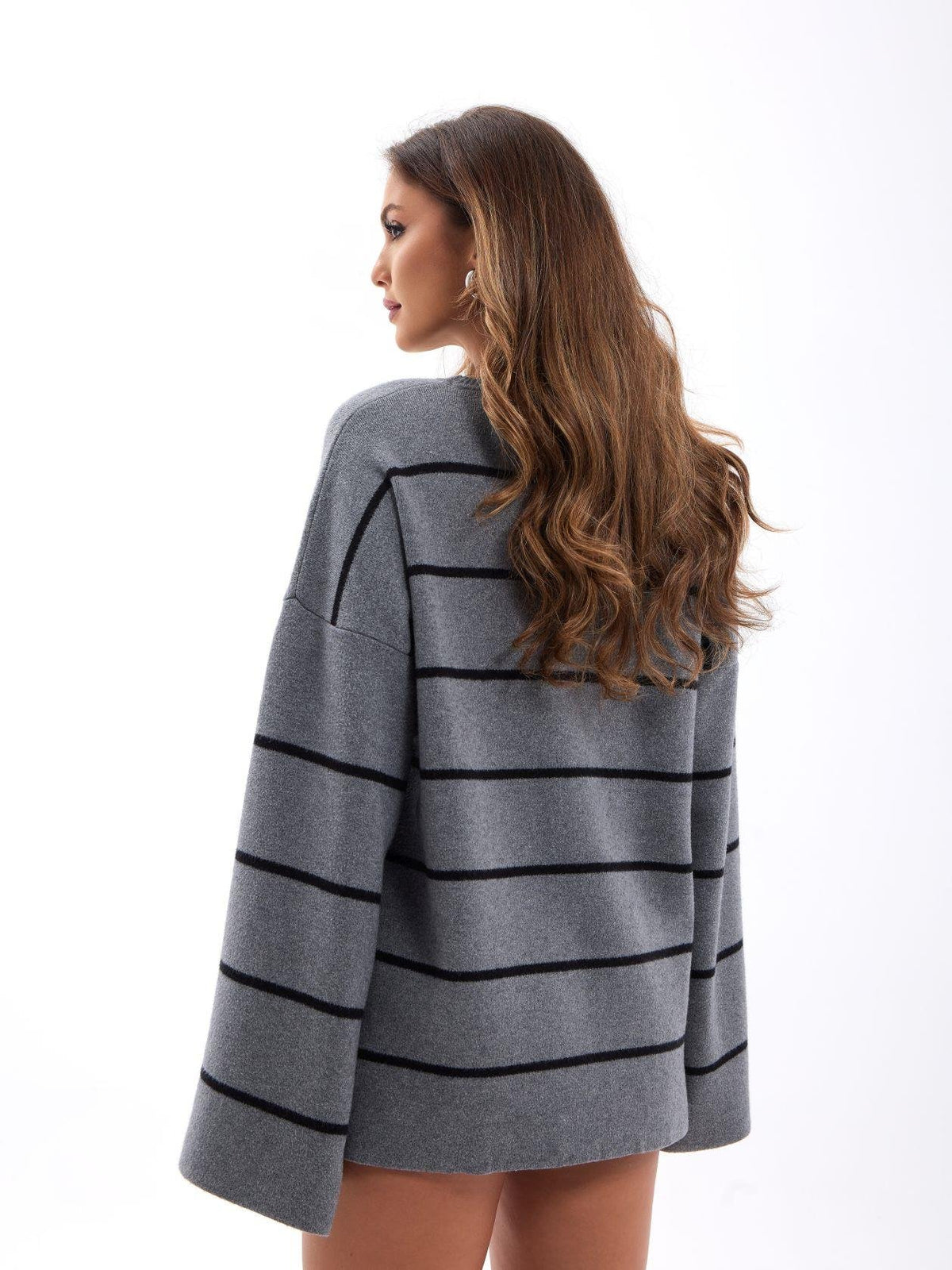 42401 STRICKWAREN GESTREIFTES LOCKERES PULLOVER-GRAU-SCHWARZ