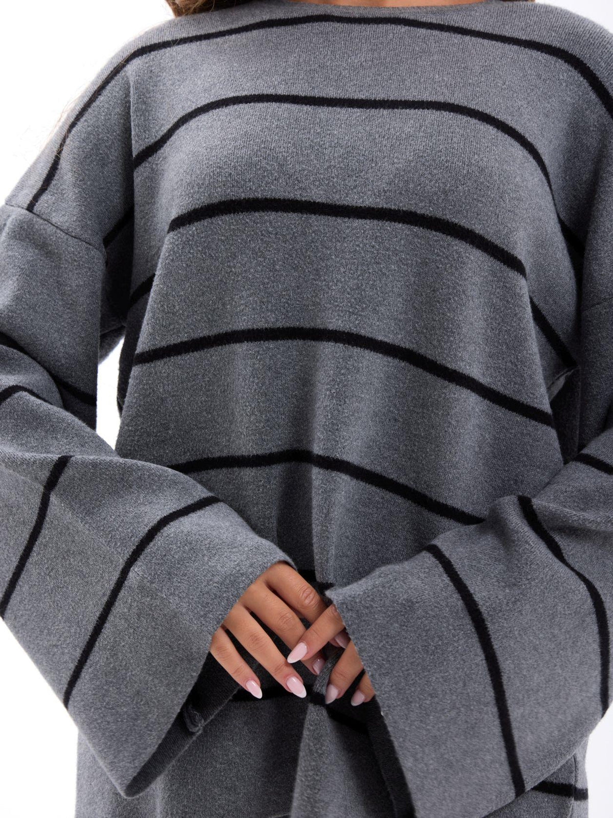 42401 STRICKWAREN GESTREIFTES LOCKERES PULLOVER-GRAU-SCHWARZ