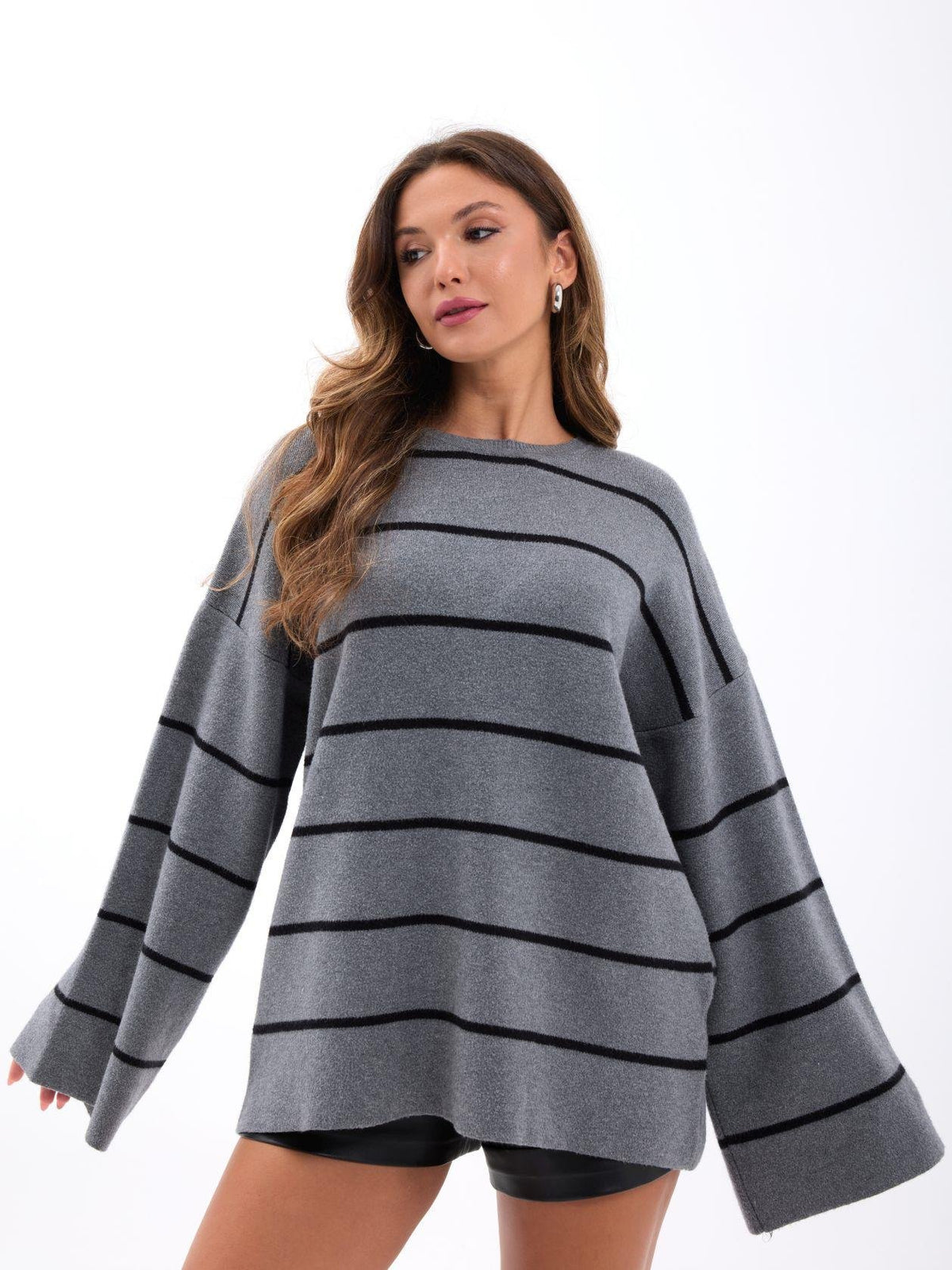 42401 STRICKWAREN GESTREIFTES LOCKERES PULLOVER-GRAU-SCHWARZ