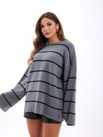 42401 STRICKWAREN GESTREIFTES LOCKERES PULLOVER-GRAU-SCHWARZ