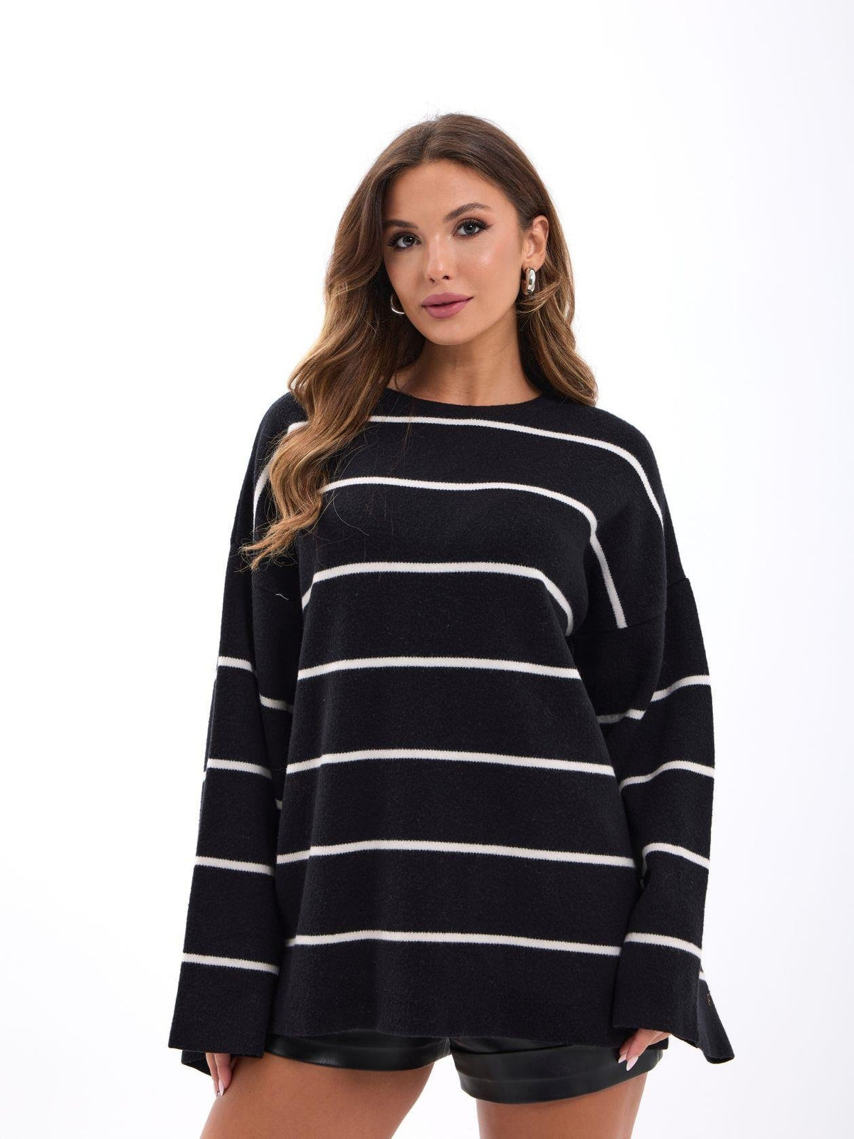 42401 STRICKWAREN GESTREIFTES LOCKERES PULLOVER-SCHWARZ-ECRU