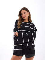 42401 STRICKWAREN GESTREIFTES LOCKERES PULLOVER-SCHWARZ-ECRU
