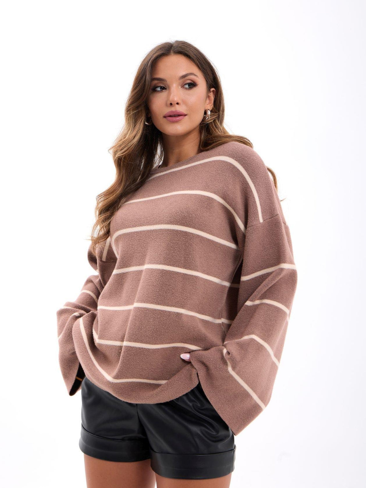 42401 STRICKWAREN GESTREIFTES SCHLAG-PULLOVER-NERZ-CREME