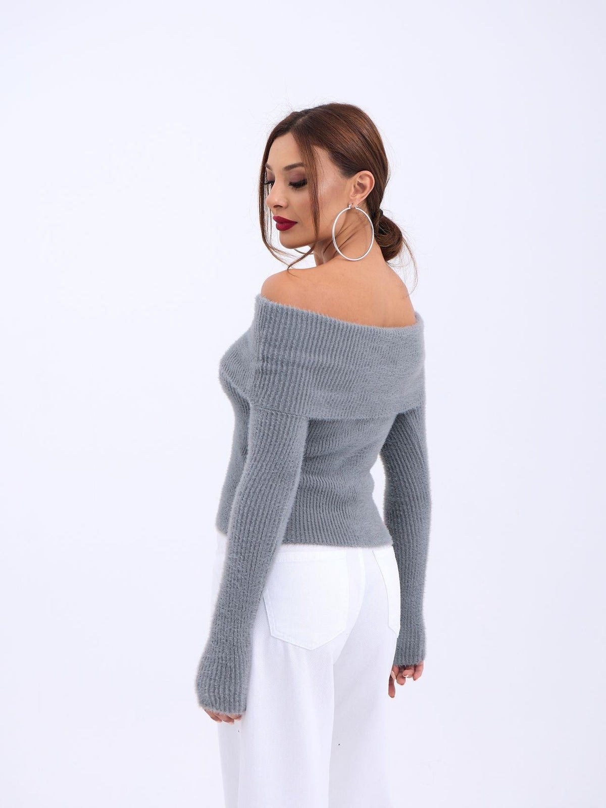 42431 STRICKWAREN PULLOVER MIT DEGAJE-KRAGEN - ANTHRAZIT