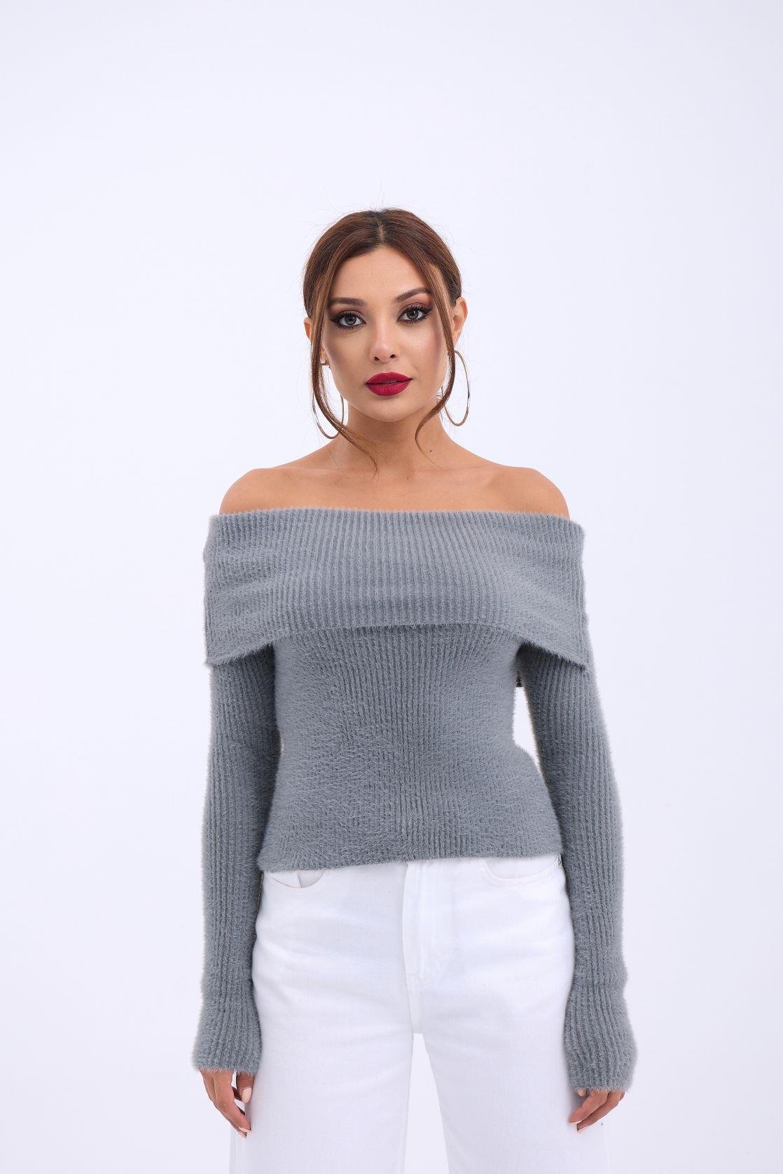 42431 STRICKWAREN PULLOVER MIT DEGAJE-KRAGEN - ANTHRAZIT