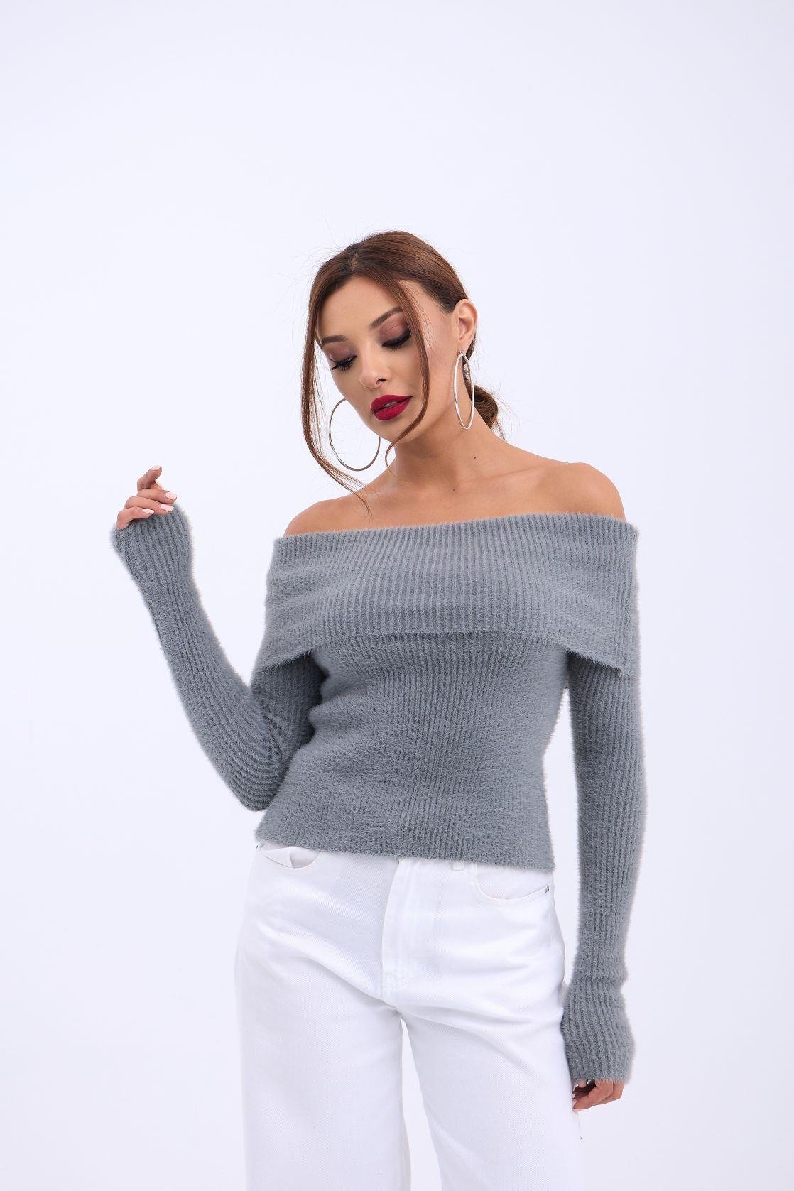 42431 STRICKWAREN PULLOVER MIT DEGAJE-KRAGEN - ANTHRAZIT
