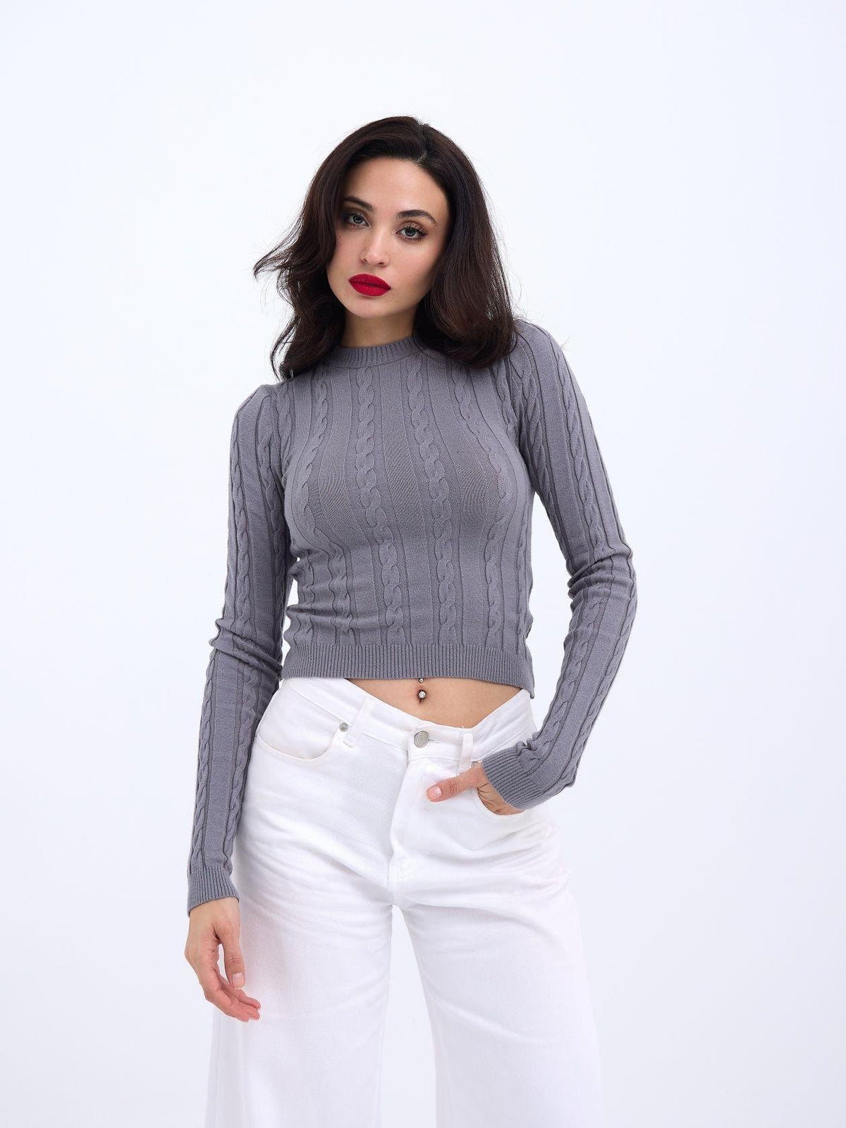 42491 STRICKWAREN KURZER PULLOVER-GRAU