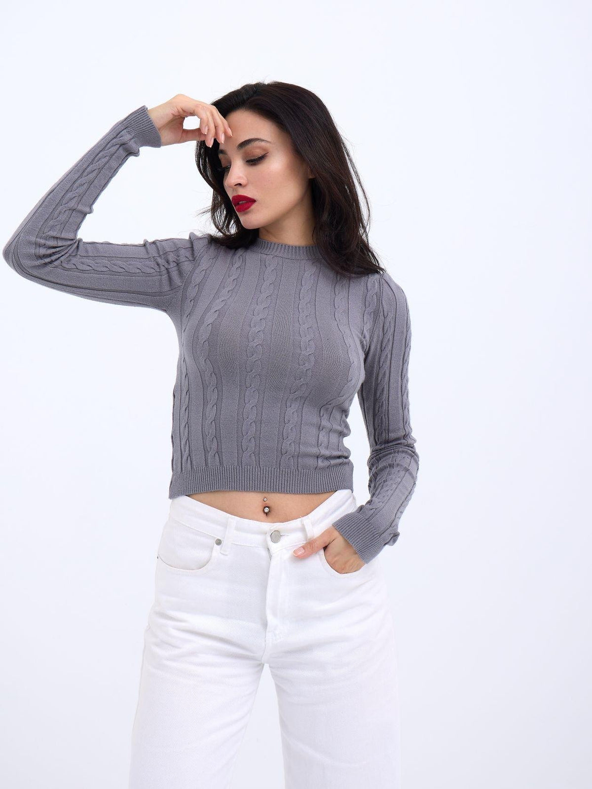42491 STRICKWAREN KURZER PULLOVER-GRAU