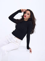 42491 TRİKO SAÇ ÖRGÜ CROP KAZAK-SİYAH
