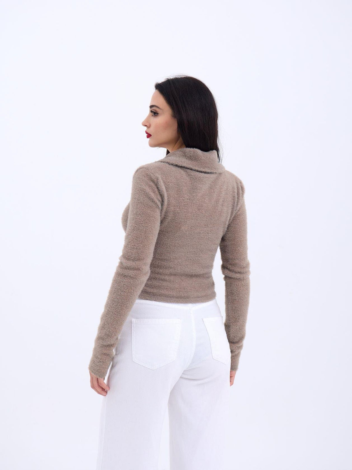 42531 TRİKO SİMLİ YAKALI CROP-KAHVE