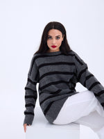 43111 STRICKWAREN GESTREIFTES LOCKERES PULLOVER-ANTHRAZIT-SCHWARZ