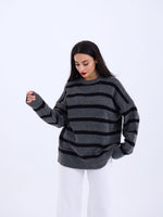 43111 STRICKWAREN GESTREIFTES LOCKERES PULLOVER-ANTHRAZIT-SCHWARZ
