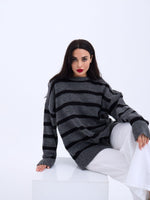 43111 STRICKWAREN GESTREIFTES LOCKERES PULLOVER-ANTHRAZIT-SCHWARZ