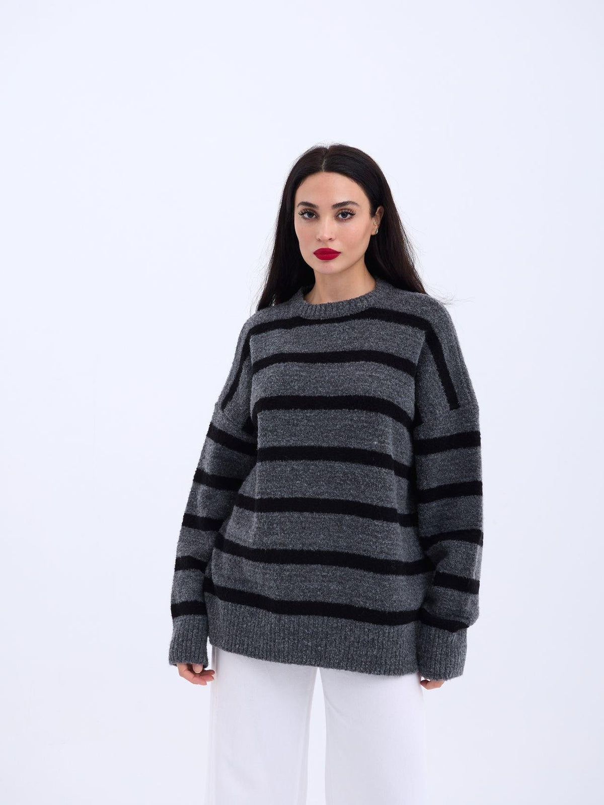 43111 STRICKWAREN GESTREIFTES LOCKERES PULLOVER-ANTHRAZIT-SCHWARZ