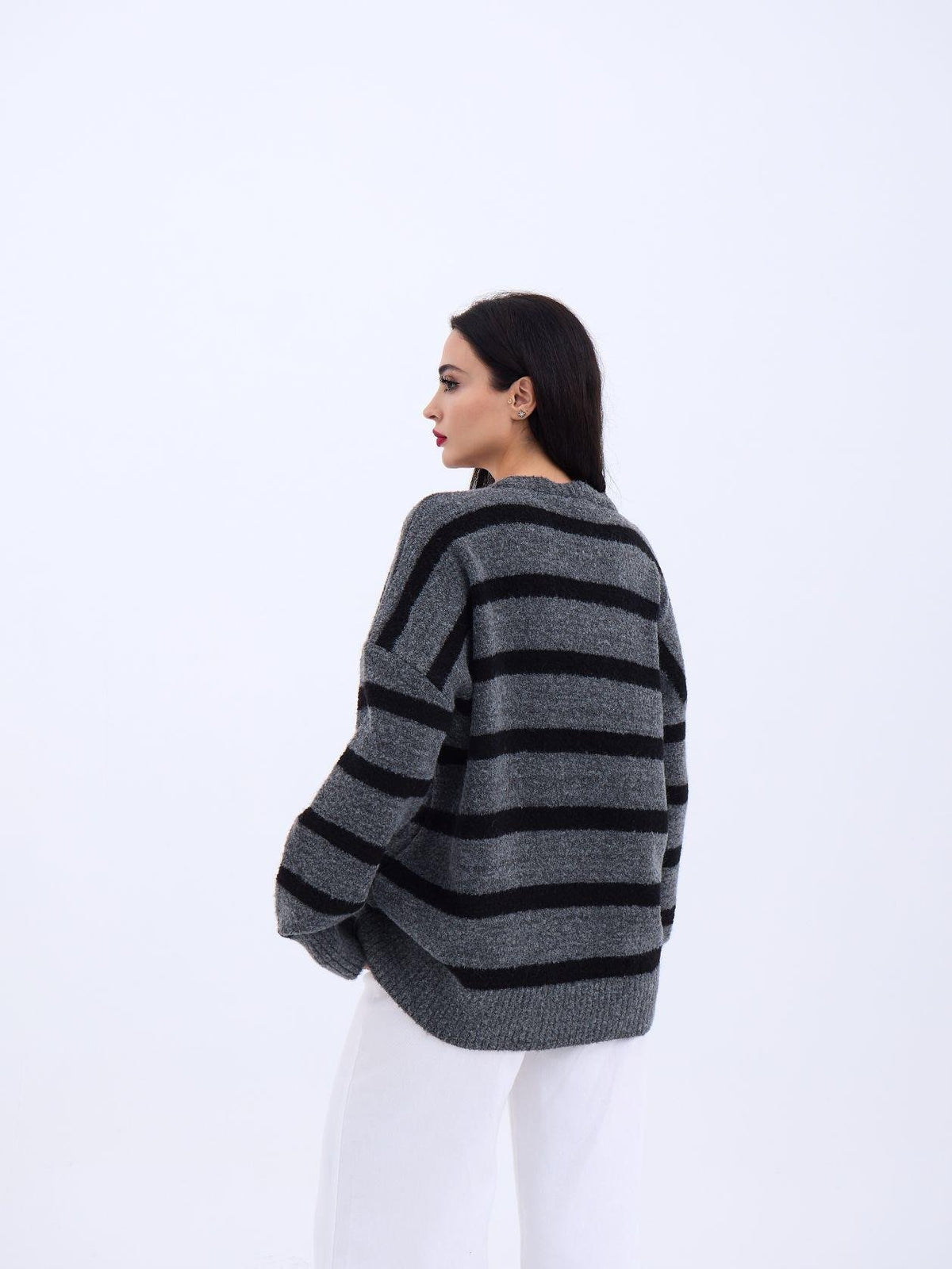43111 STRICKWAREN GESTREIFTES LOCKERES PULLOVER-ANTHRAZIT-SCHWARZ