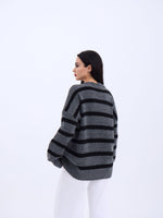 43111 STRICKWAREN GESTREIFTES LOCKERES PULLOVER-ANTHRAZIT-SCHWARZ