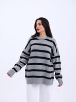 43111 STRICKWAREN GESTREIFTES LOCKERES PULLOVER-GRAU-SCHWARZ