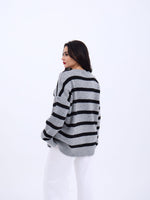 43111 STRICKWAREN GESTREIFTES LOCKERES PULLOVER-GRAU-SCHWARZ